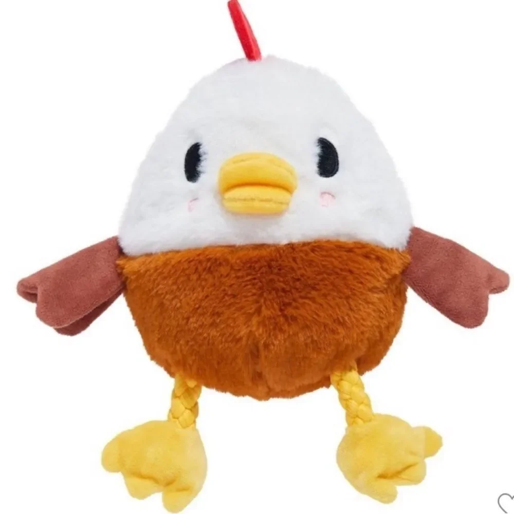 BARK 4.25” Classic Fuzzy Squeaky White Brown Gold Farm Rooster Plush Dog Toy